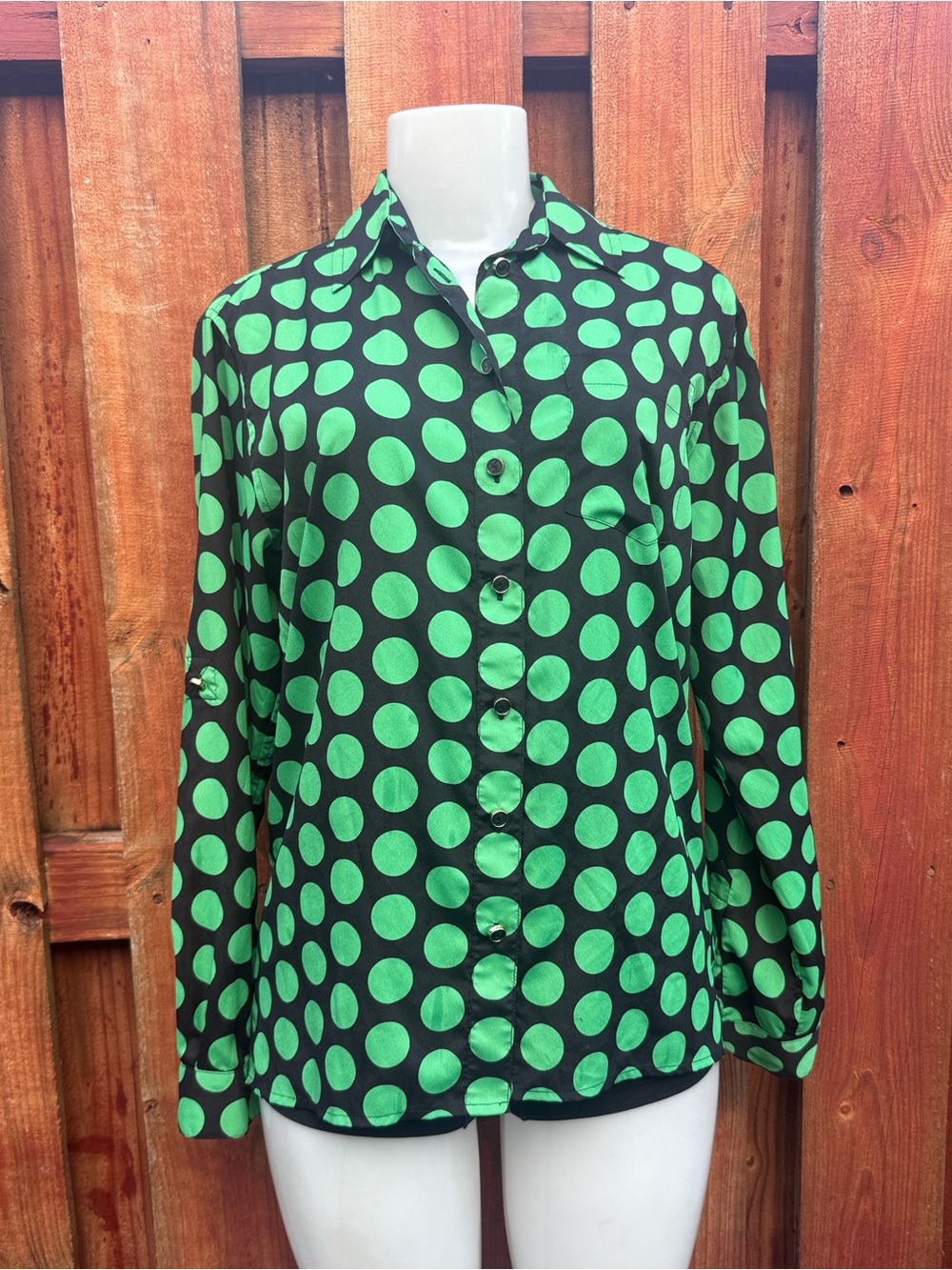 Michael Kors Green Black Polka Dot Roll Tab Sleeve Button Down Blouse XS